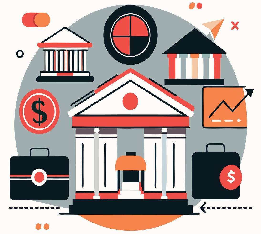Financial Institution Illustration With Building Money Briefcases And Growing Chart vector