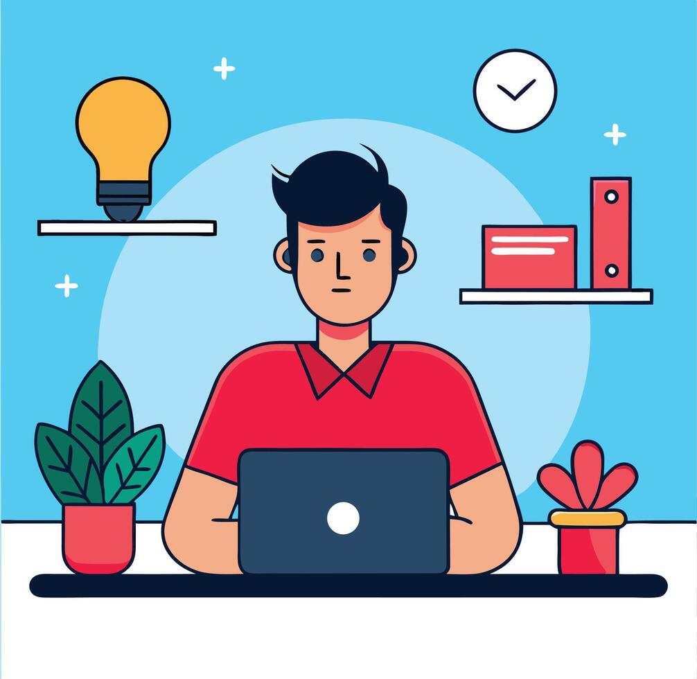 Flat Illustration Of A Man Working On Laptop At Home vector