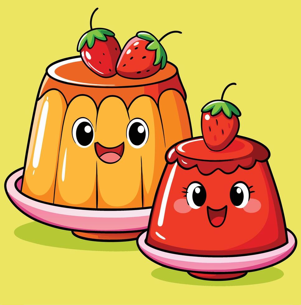 Cute Strawberry Pudding Character Illustration With Happy Smiling Faces On Yellow Background vector