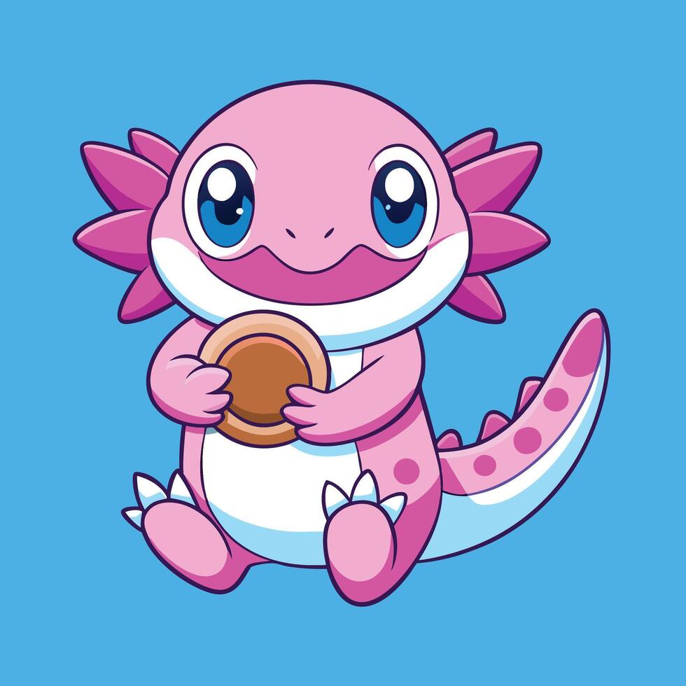 Cartoon Pink Axolotl Holding Cookie With Smiling Face On A Blue Background vector
