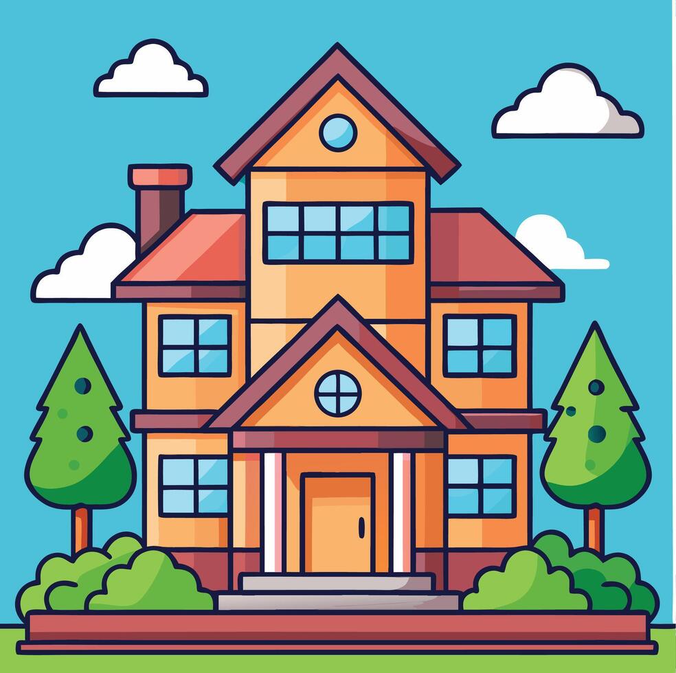 Two Story House Cartoon Illustration With Trees And Sky Background vector