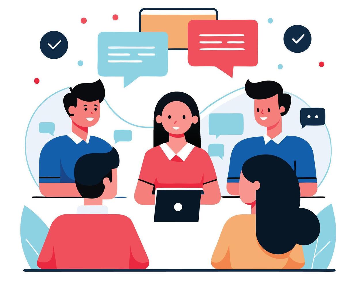 Team Brainstorming Session With Colorful Speech Bubbles And Flat Design Style Illustration vector