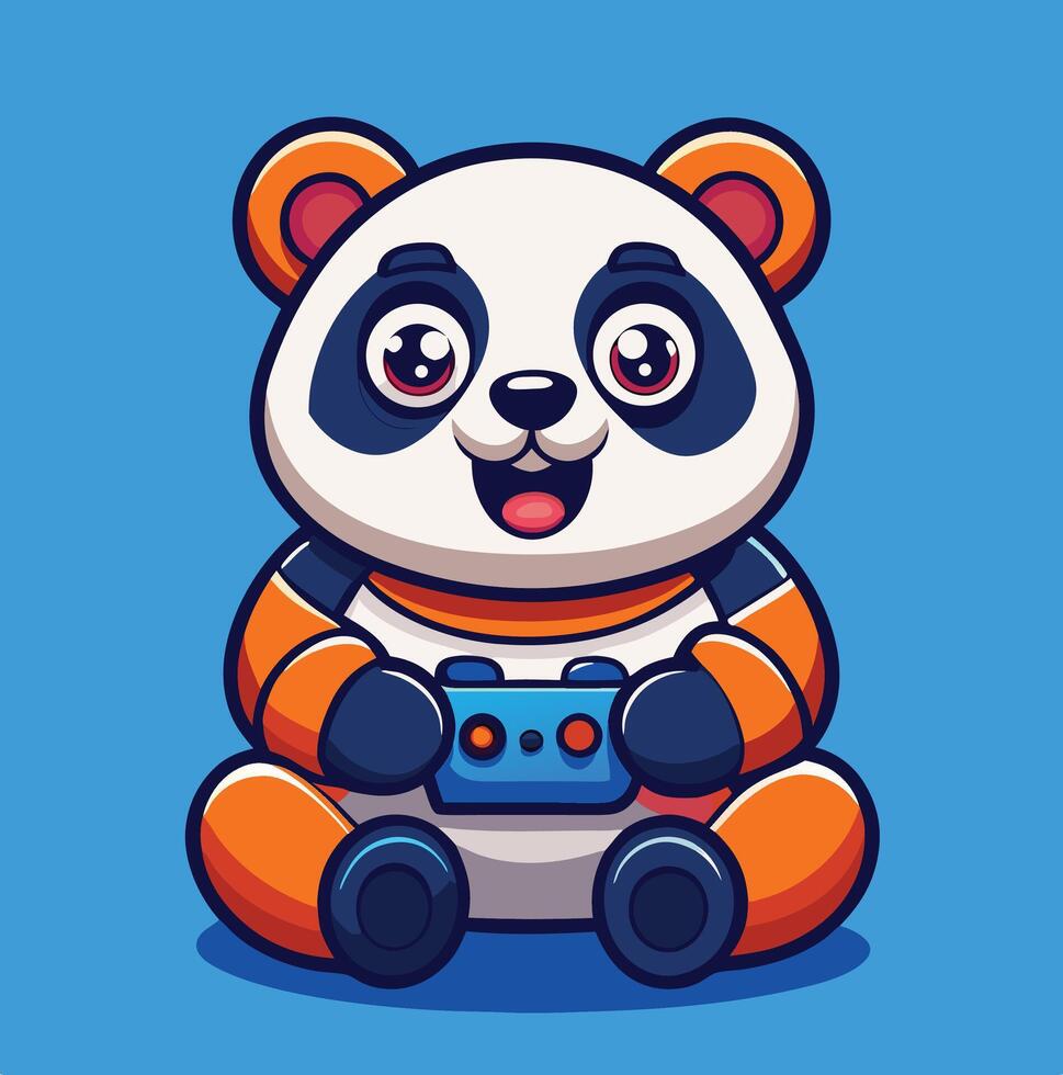 Cartoon Panda Character Enjoying Game With Controller On Blue Background vector