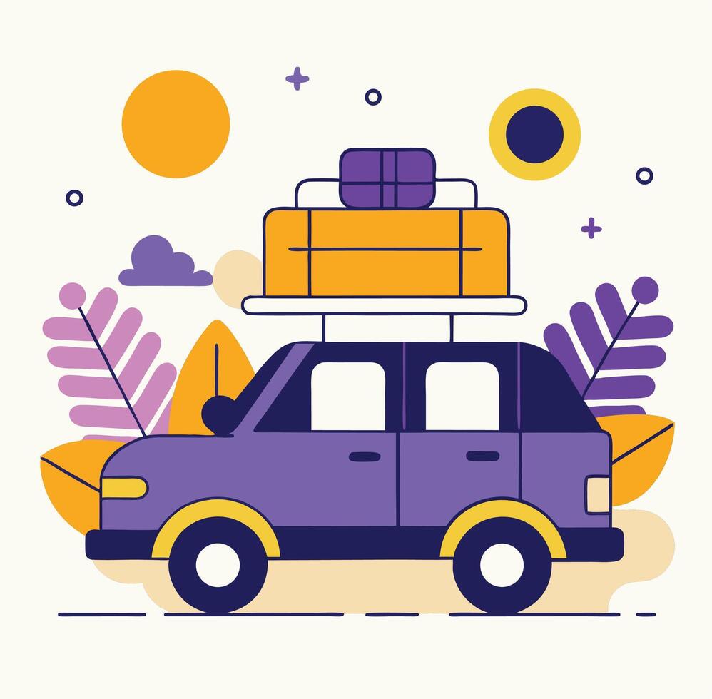 Colorful Car With Luggage Ready For A Road Trip Adventure Illustration vector