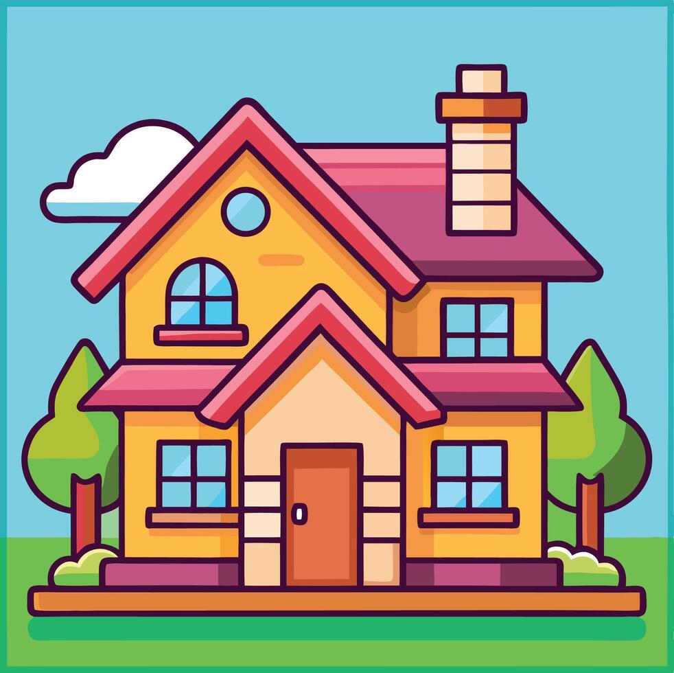 Colorful Cartoon House With Trees On Blue Sky Background Illustration vector