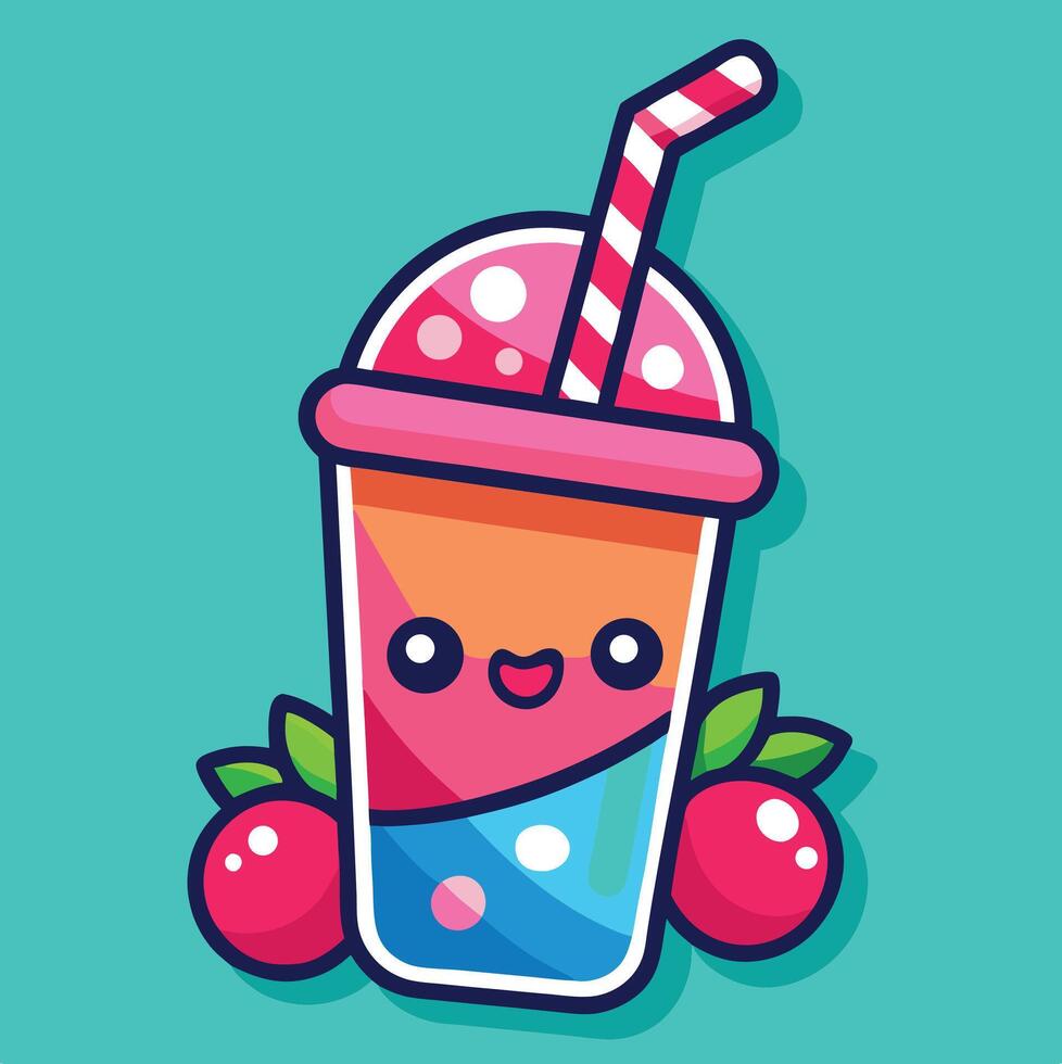 Cute Kawaii Drink With Straw And Berries On Turquoise Background Illustration vector