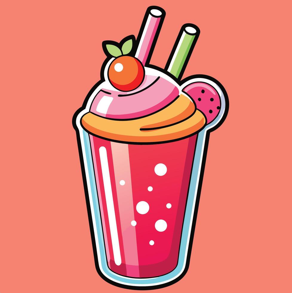 Cartoon Style Milkshake With Cherry And Watermelon Slice Decoration Illustration vector