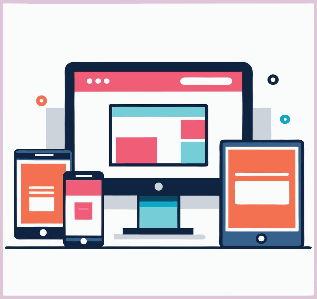 Responsive Design Presentation On Multiple Devices Like Computer Tablet And Smartphone vector