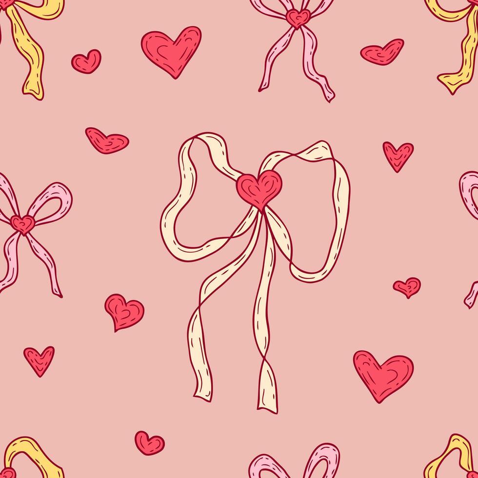 Coquette ribbon bows and hearts seamless pattern. Delicate girly print for fabric, paper, textile. Hand drawn illustration. vector
