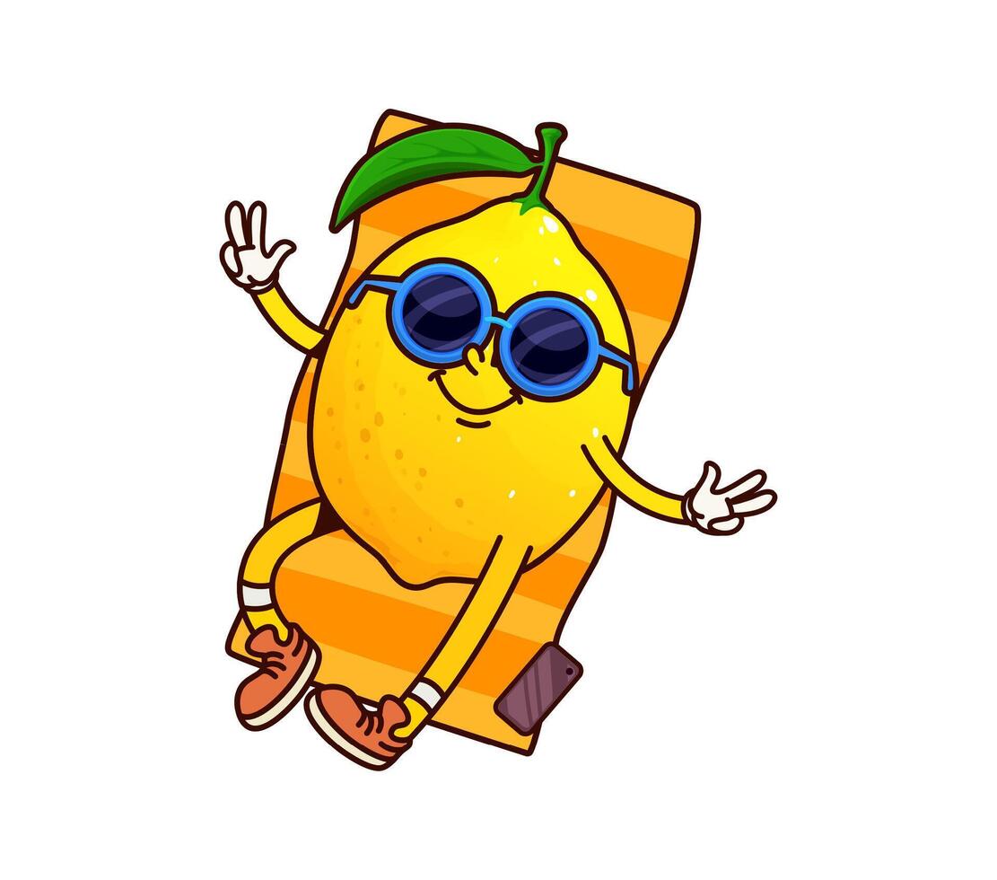 Cartoon groovy lemon fruit relaxing on beach chair vector