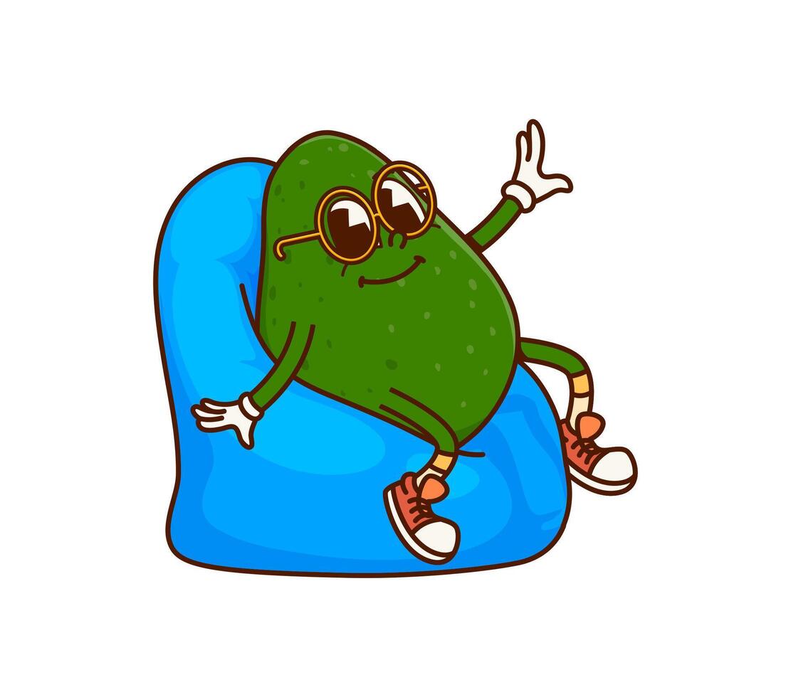 Cartoon groovy avocado character relax on bean bag vector