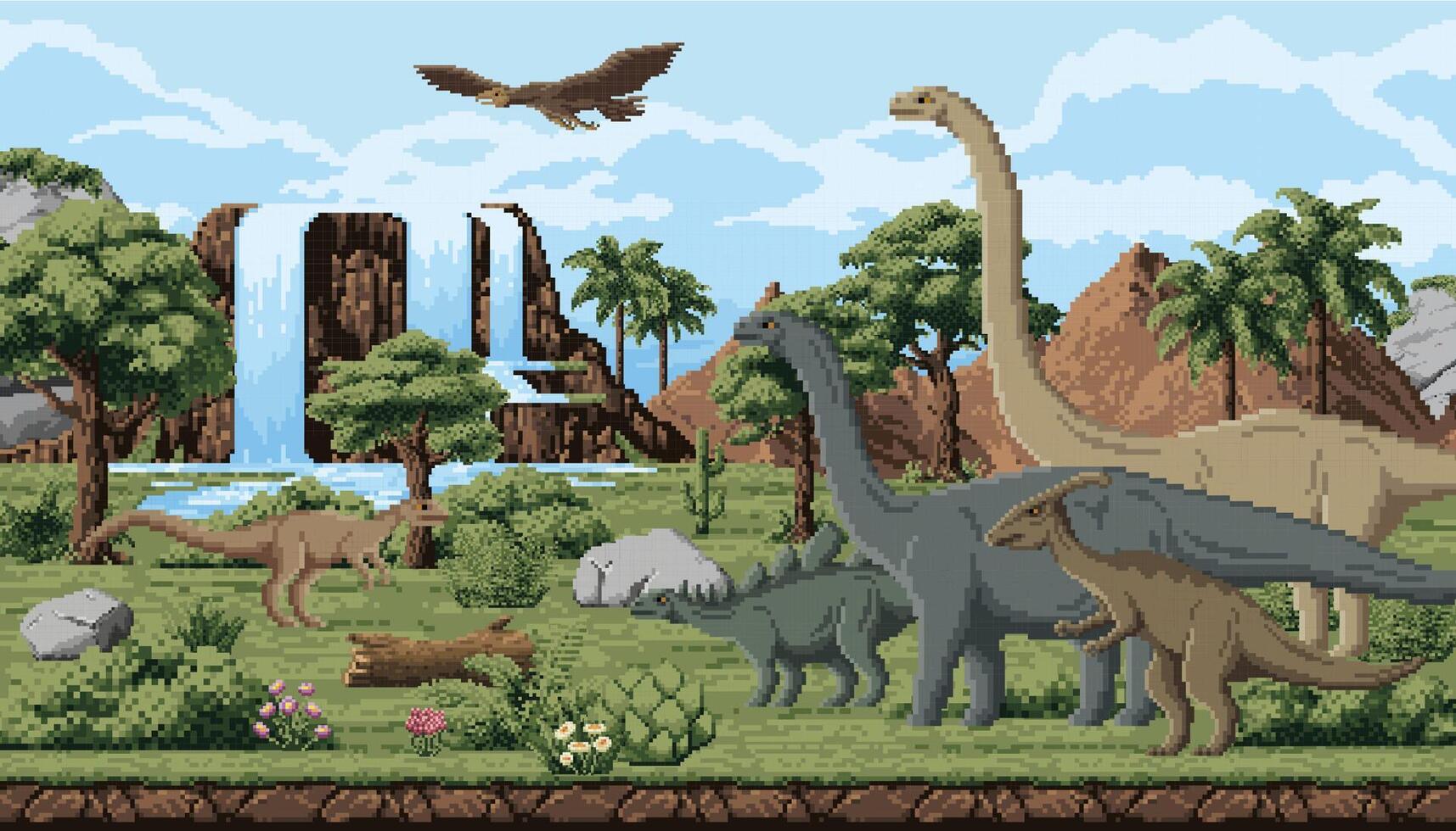 Prehistoric dinosaur 8bit pixel art game landscape vector