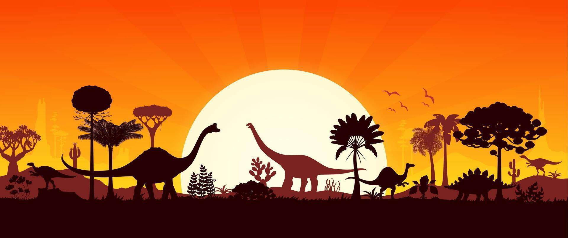 Prehistoric dinosaurs silhouettes at sunset vector