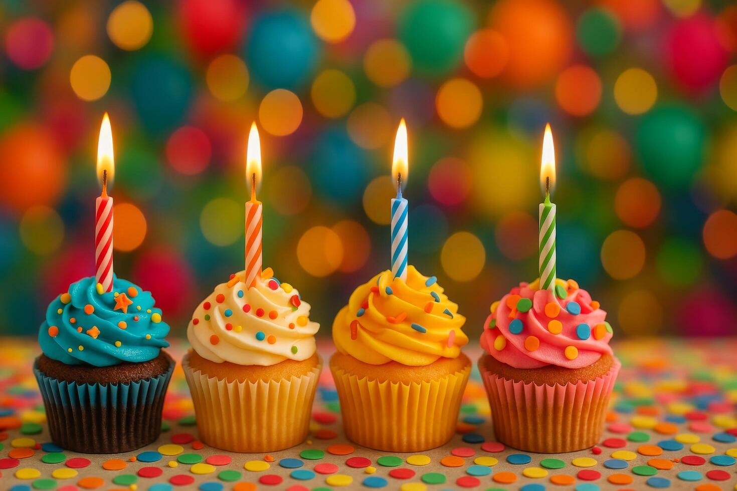 Colorful Cupcakes With Candles on Bright Party Background During Celebration photo