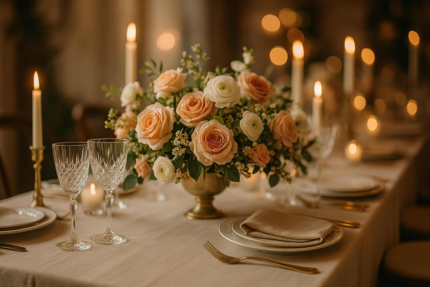Elegant Dinner Table Adorned With Roses and Candles for a Special Evening Event photo
