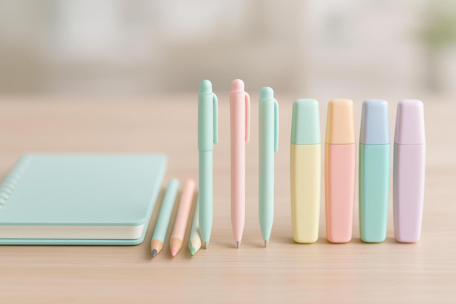 Stationery Collection With Pastel Colored Pens and Notebook on a Wooden Table During Daylight photo