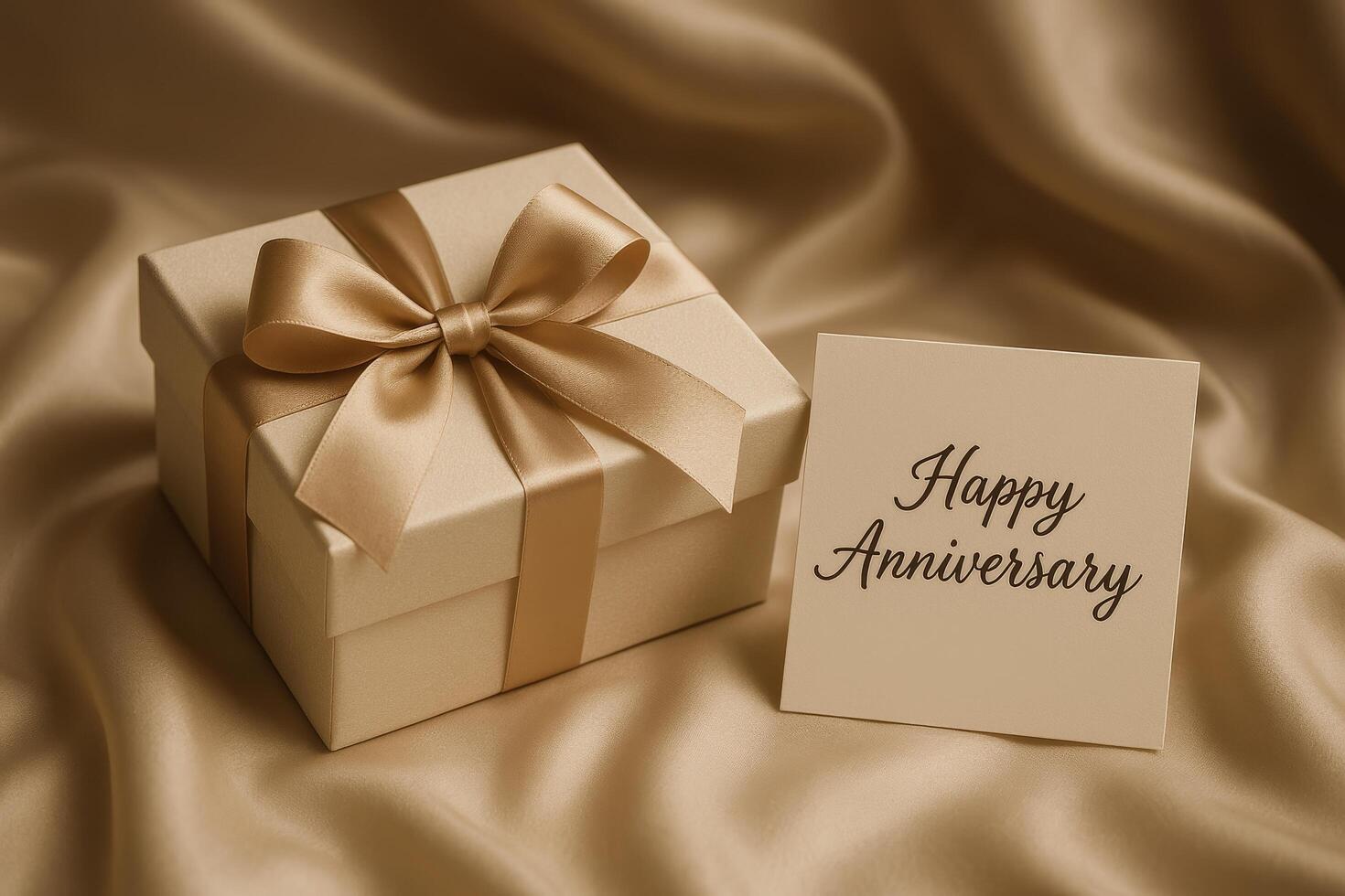 Beautiful Anniversary Gift Box With Elegant Ribbon and Greeting Card on Soft Silk Fabric photo