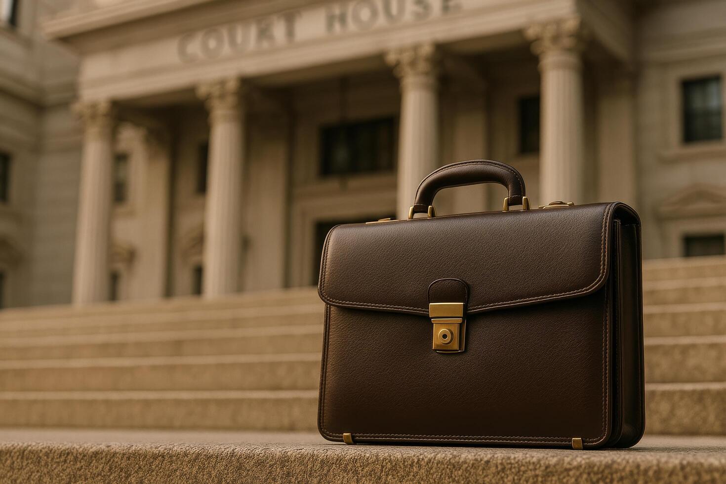Brown Briefcase Rests on Steps Outside Courthouse During Overcast Afternoon photo