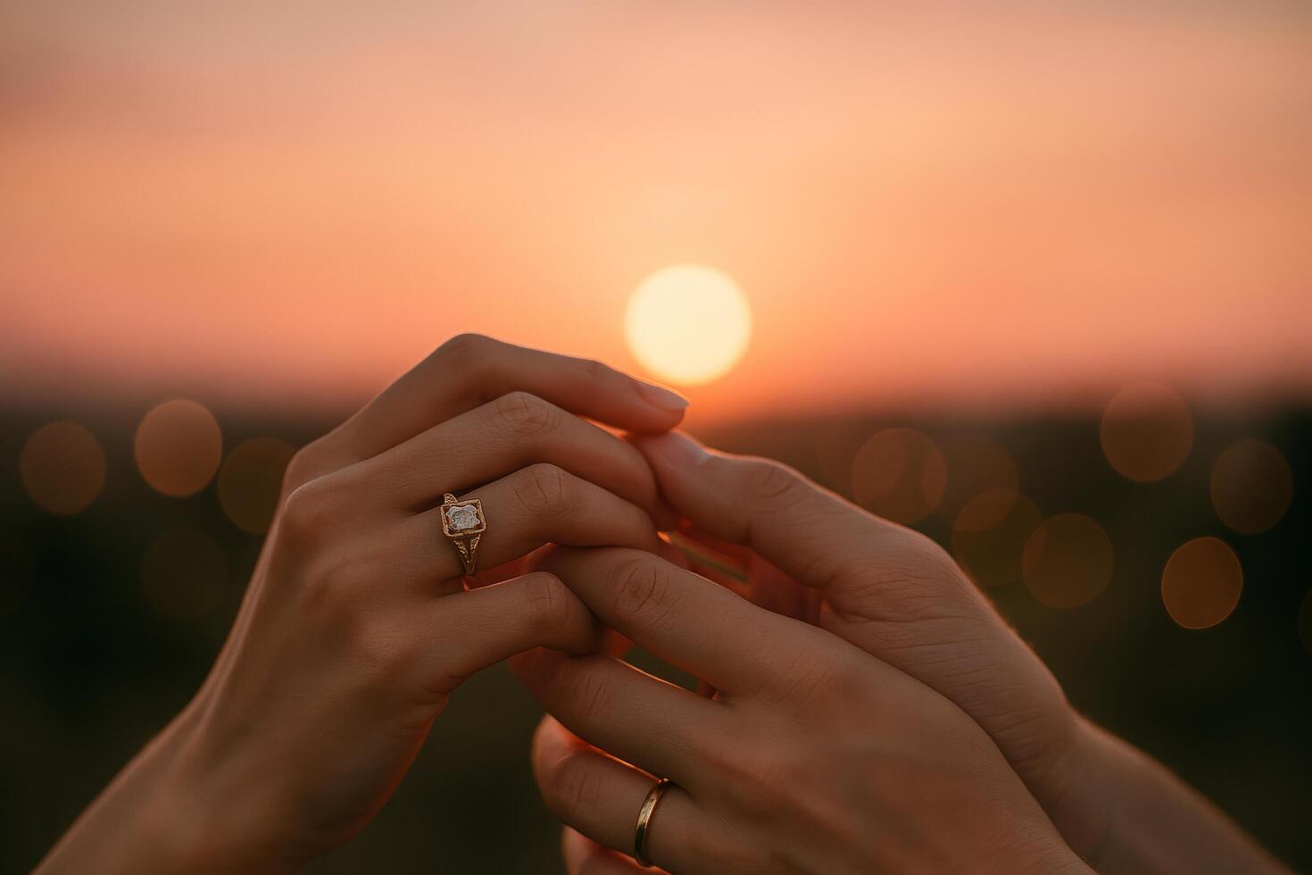 Couple Exchanges Rings at Sunset During a Romantic Engagement Moment in Nature photo