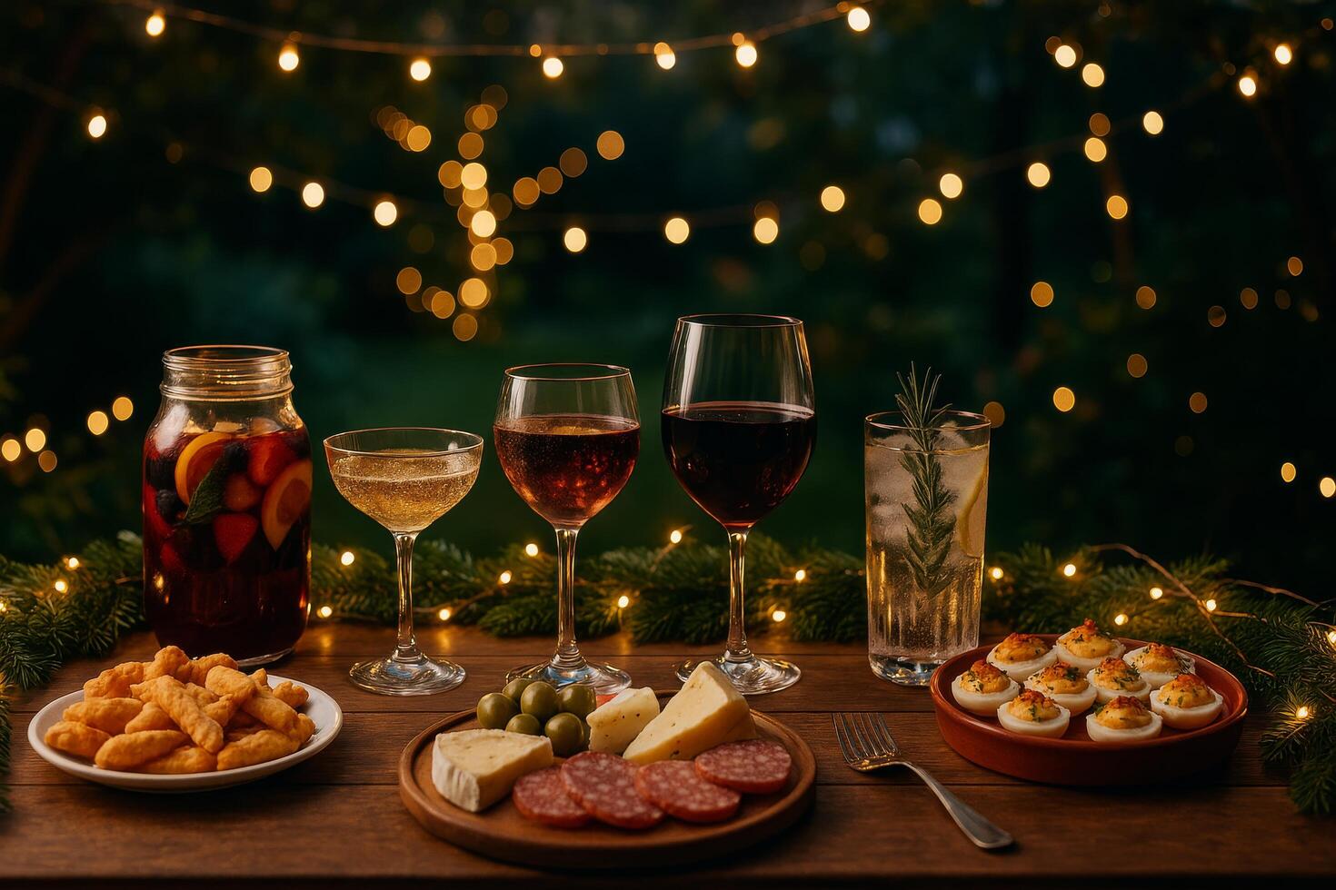 Elegant Evening Gathering With Assorted Foods and Drinks in a Beautifully Lit Outdoor Setting photo