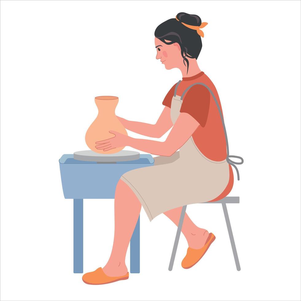 illustration of a woman who molds a clay vase on a potter's wheel. Ceramics is a good art therapy for adults. for finding harmony. vector