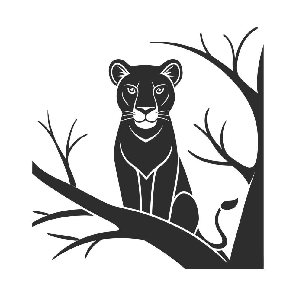 Smart Lion Silhouette on Tree Branch. vector