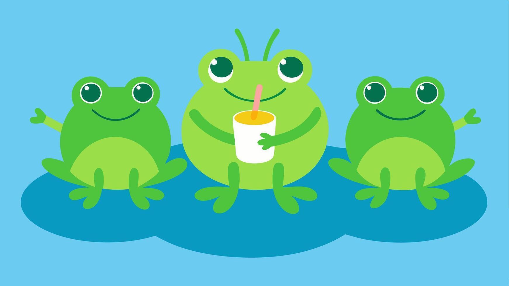Family of Frogs Relaxing A group of three frogs of various shades of green are piled onto a larger lily pad. They wear different colored sunglasses and each holds a different. vector