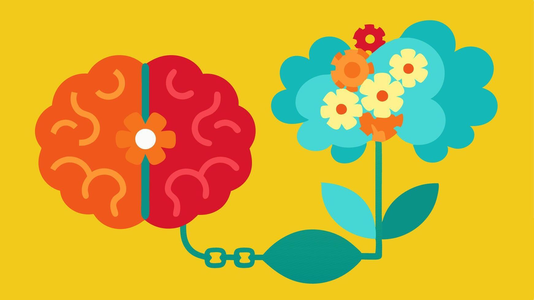 Brain Illustration A brain blooming with flowers and gears signifying creativity and growth next to a brain with chains and locks representing stagnation and limitations.. vector
