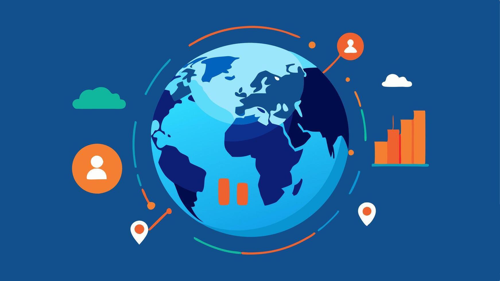 Global Market Data Visualization An illustration showing a globe surrounded by financial market trends and AI algorithms analyzing global investment opportunities.. vector