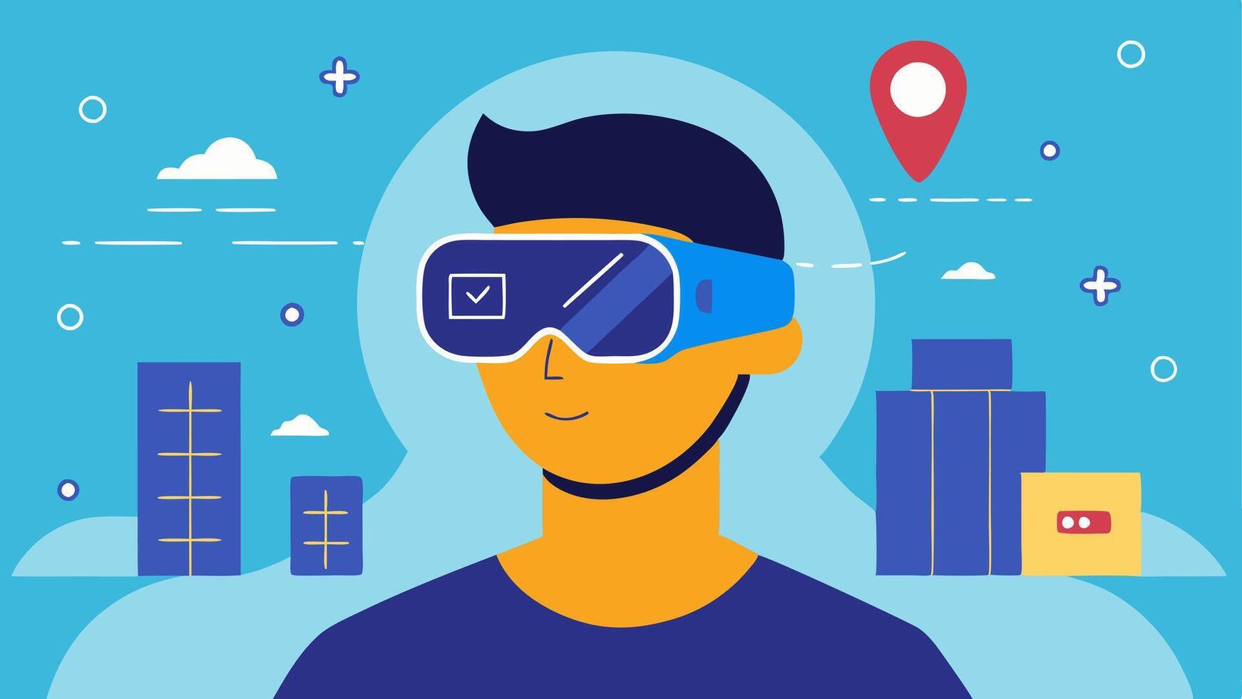 Augmented Reality Exploration A user wearing AR glasses with an AI overlay presenting them with potential vacation destinations and itinerary details as they look around.. vector