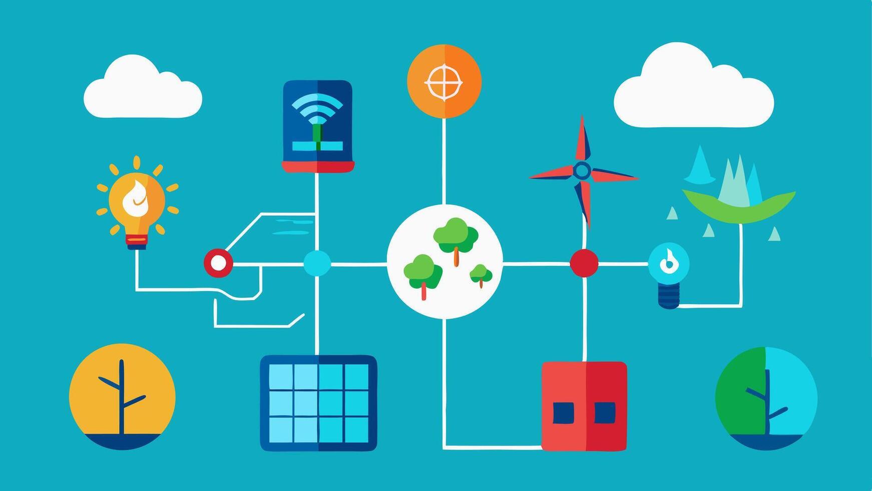 ClimateAdaptable Grids A visual showing a smart grid with sensors that adapt to environmental conditions like wind speed and sunlight ensuring efficient energy management.. vector