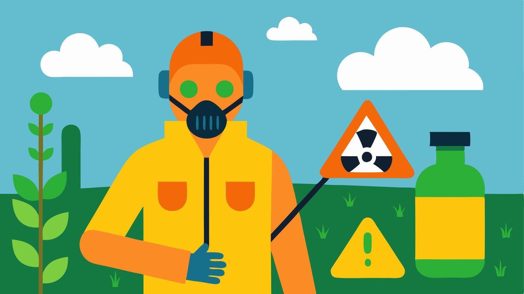 Unsafe Conditions in Agriculture A field worker surrounded by toxic pesticides without proper protective gear with a warning sign about chemical exposure in the background. vector