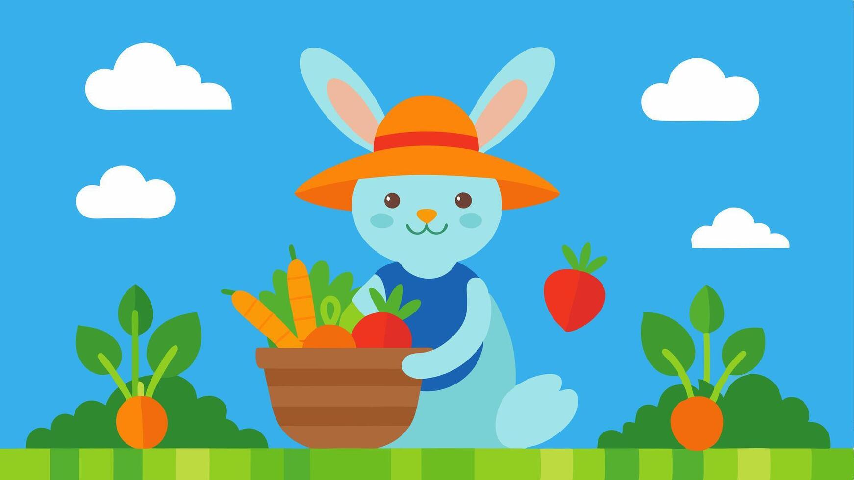 Harvest Time An enthusiastic rabbit with a sun hat sits in a garden proudly holding a basket full of freshly harvested carrots. The garden is bursting with life featuring rows of. vector