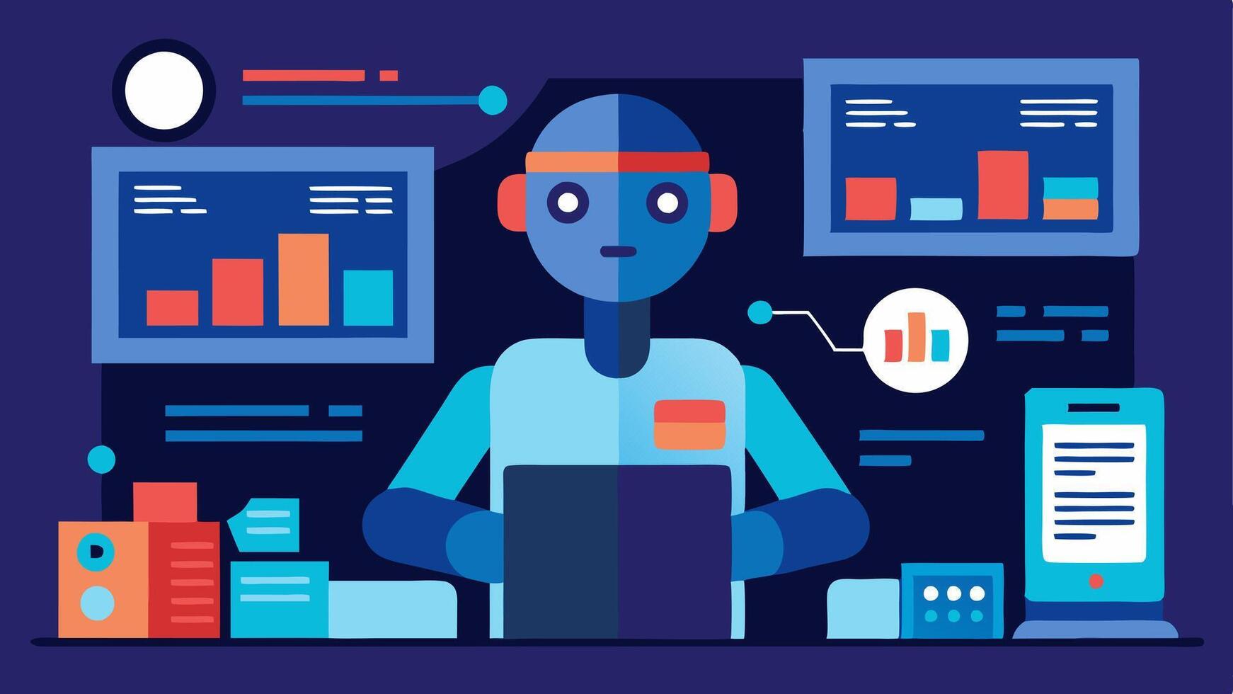 Algorithmic Newsroom An AI figure robot or digital avatar working in a virtual newsroom filled with screens displaying charts graphs and snippets of news indicating the analysis of. vector