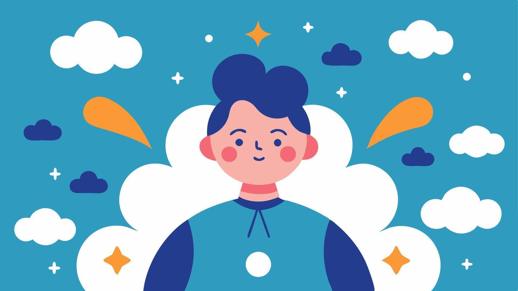 Affirmation Cloud A character surrounded by clouds filled with positive affirmations like I am enough and Every setback is a setup for a comeback illustrating selfencouragement.. vector