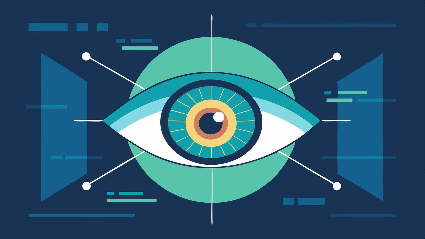 Iris Recognition System A stylized eye with intricate details facing a hightech scanner emitting rays of light. The background features abstract tech elements highlighting the. vector