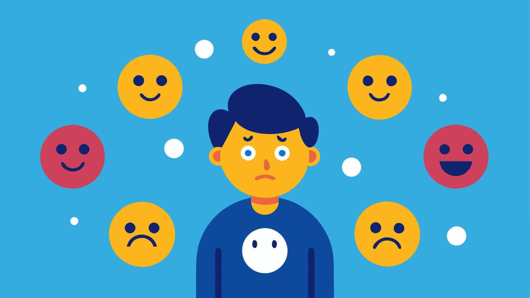 Balanced Emotions A character surrounded by emojis representing various emotions happiness sadness anger but showing a calm demeanor indicating acceptance of all feelings through. vector