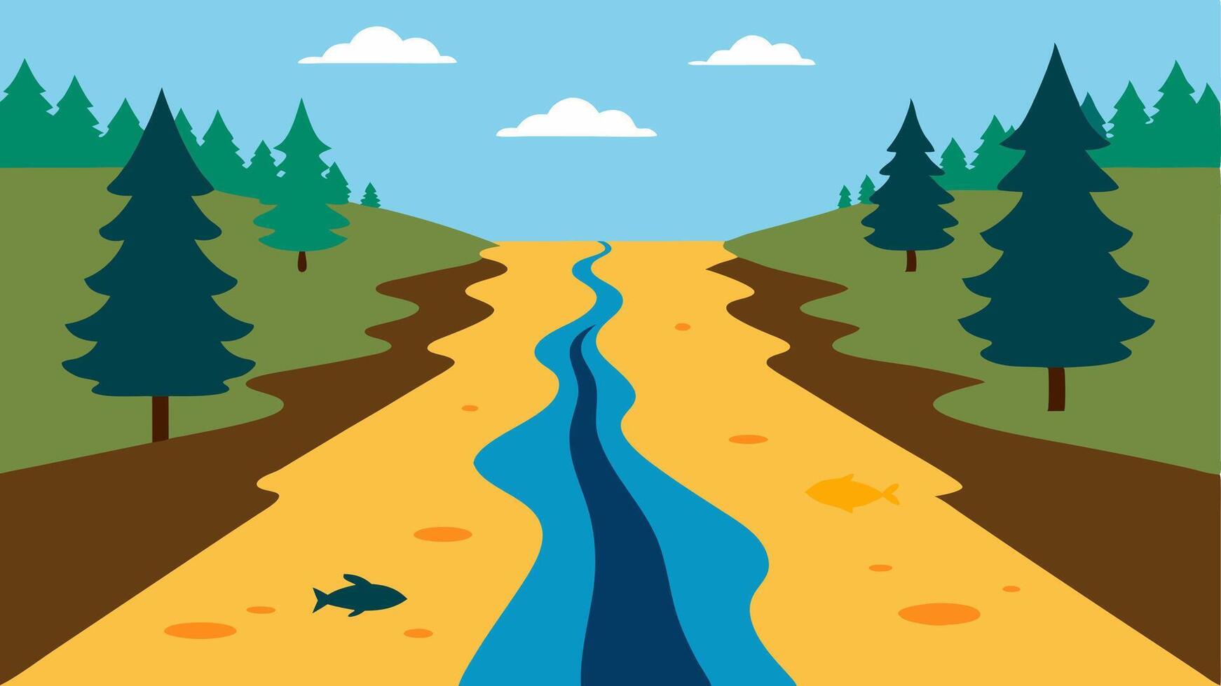 Water Pollution A river flowing through a forest on one side and an oily polluted river with dead fish on the other the impact of palm oil production on waterways.. vector