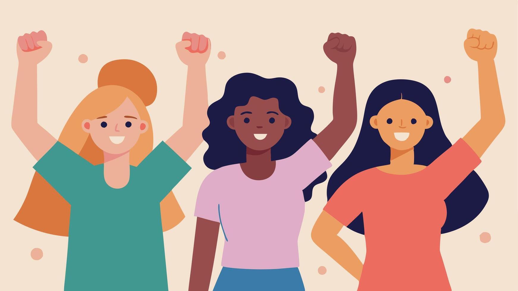 Women Rising An empowering of a group of women from various cultures standing together with fists raised and slogans on their shirts showcasing womens rights and empowerment.. vector