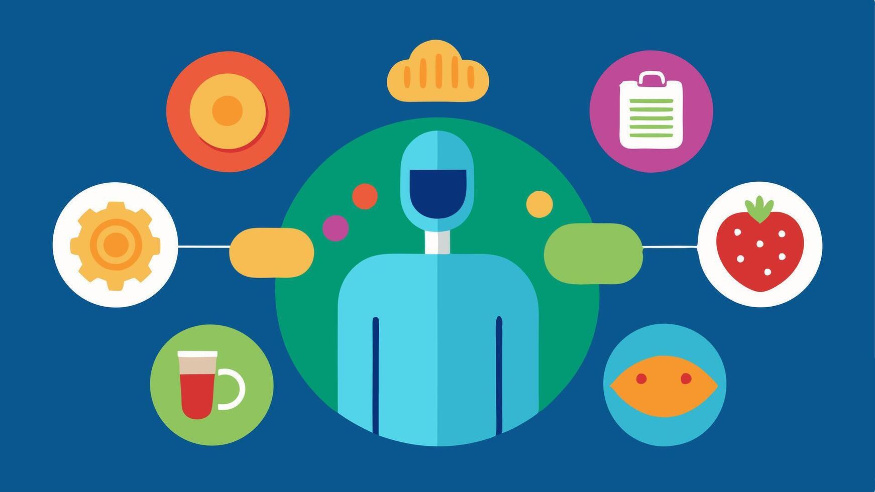 Nutrition Optimization A colorful plate of food surrounded by AI icons highlighting how artificial intelligence suggests meal plans and dietary changes based on a persons health. vector
