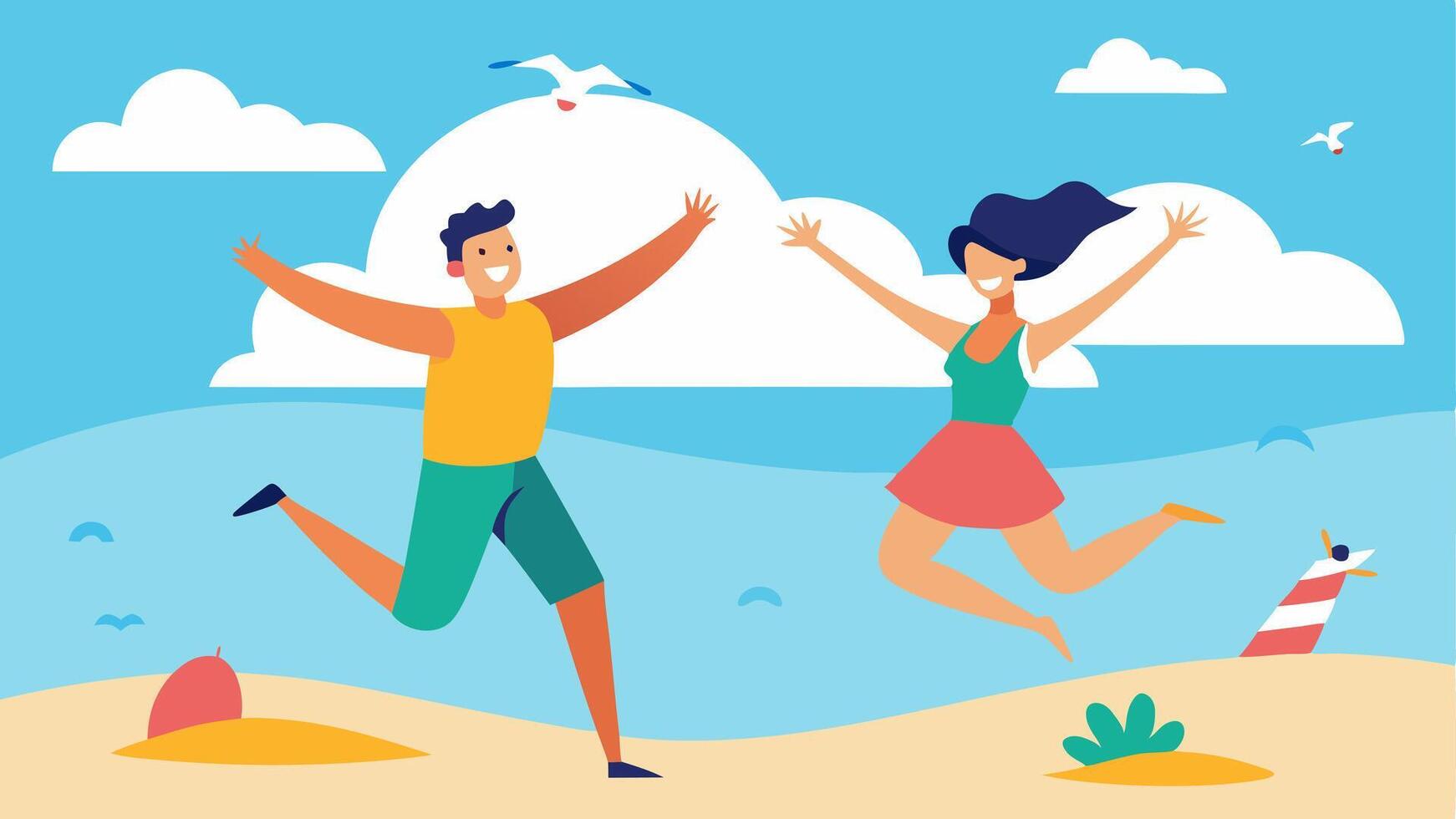 Joyful Jump The couple leaps into the air on the beach but their poses are exaggeratedly awkward. The man has one leg higher than the other while trying to catch a seagull and the. vector