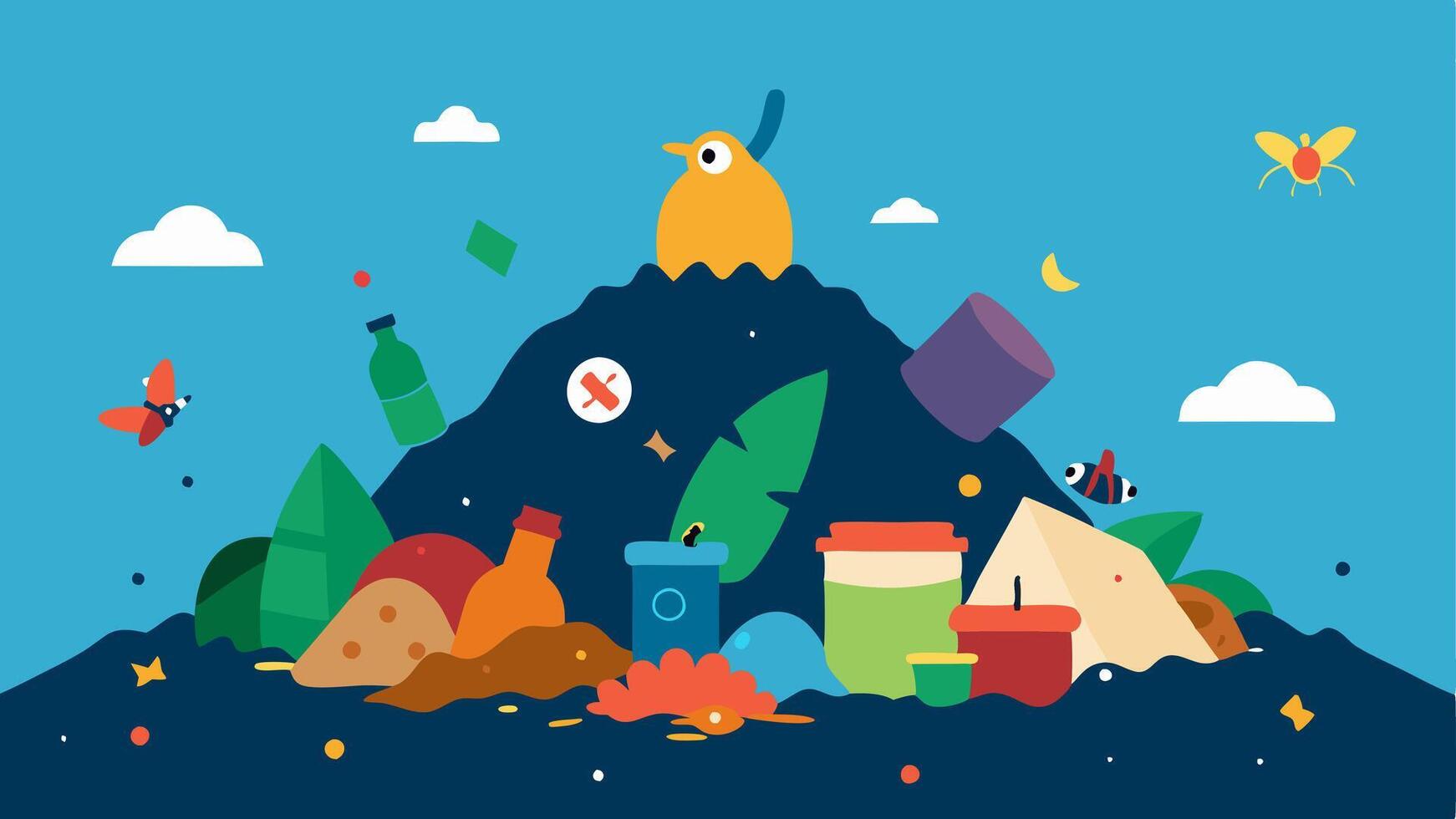 Waste Dump Site A heap of garbage stacked high featuring a mix of organic waste and plastic. Insects and scavengers are depicted rummaging through the refuse.. vector
