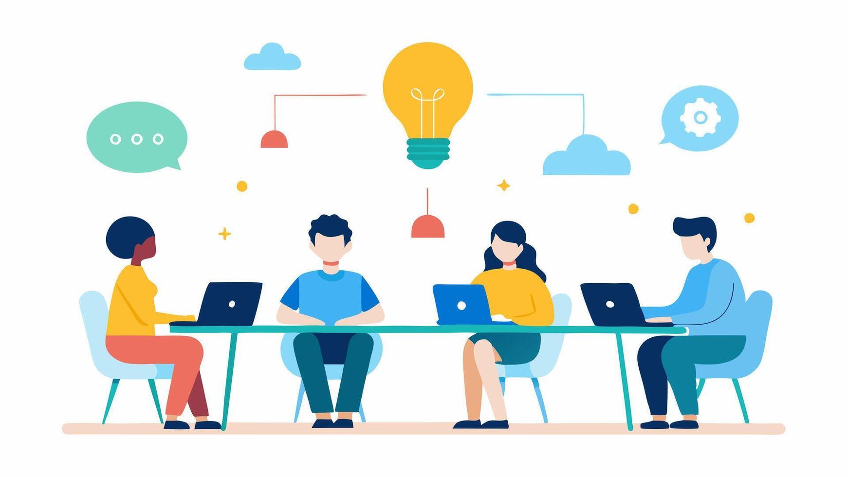 Office Collaborative Space A shared workspace where lights change from bright to soft as team members gather for brainstorming sessions. Floating icons depict changes based on the. vector