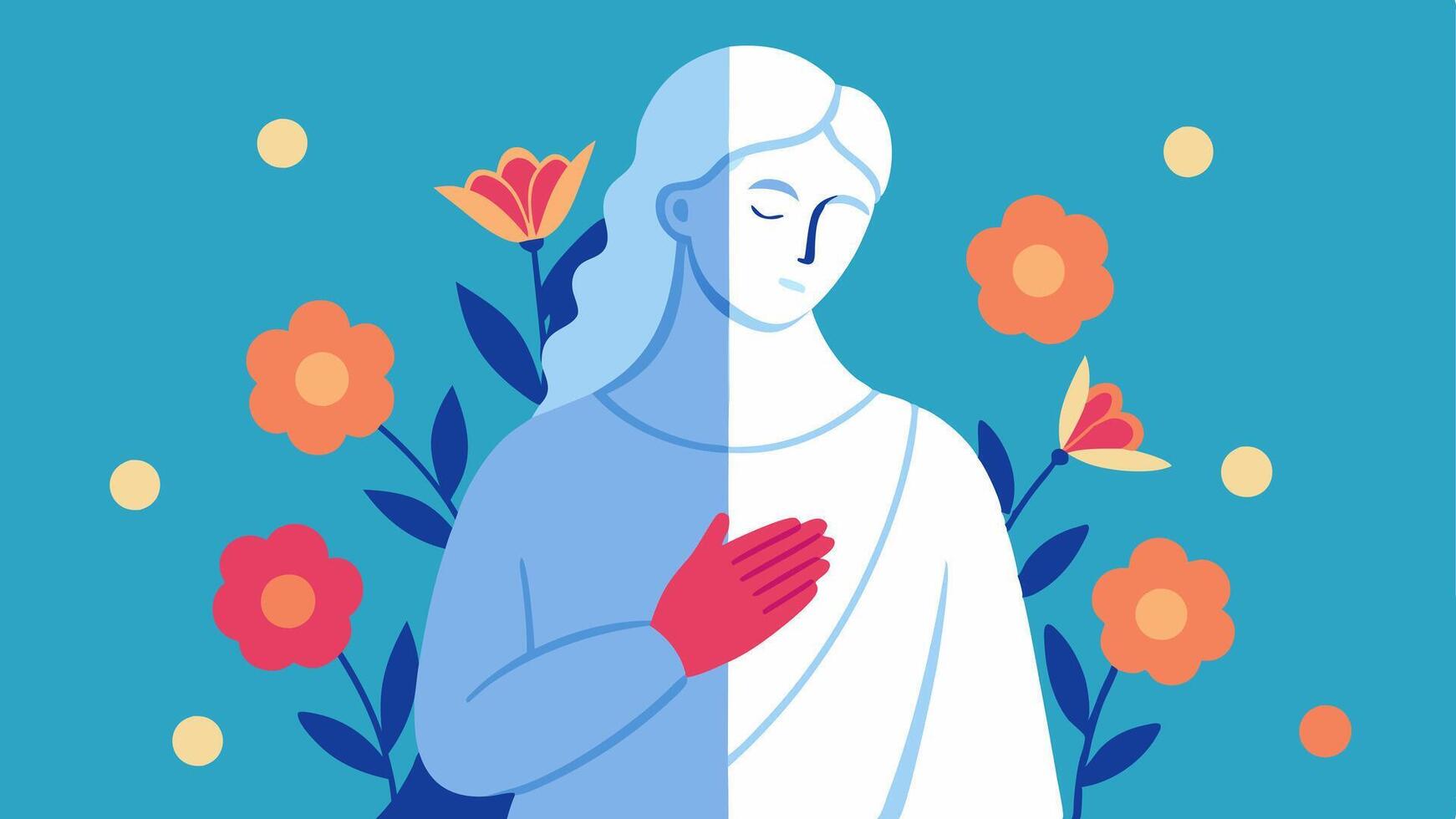 Eroding Statue A statue of a person holding onto a grudge slowly eroding away while the other side depicts a living figure smiling surrounded by thriving flowers representing the. vector