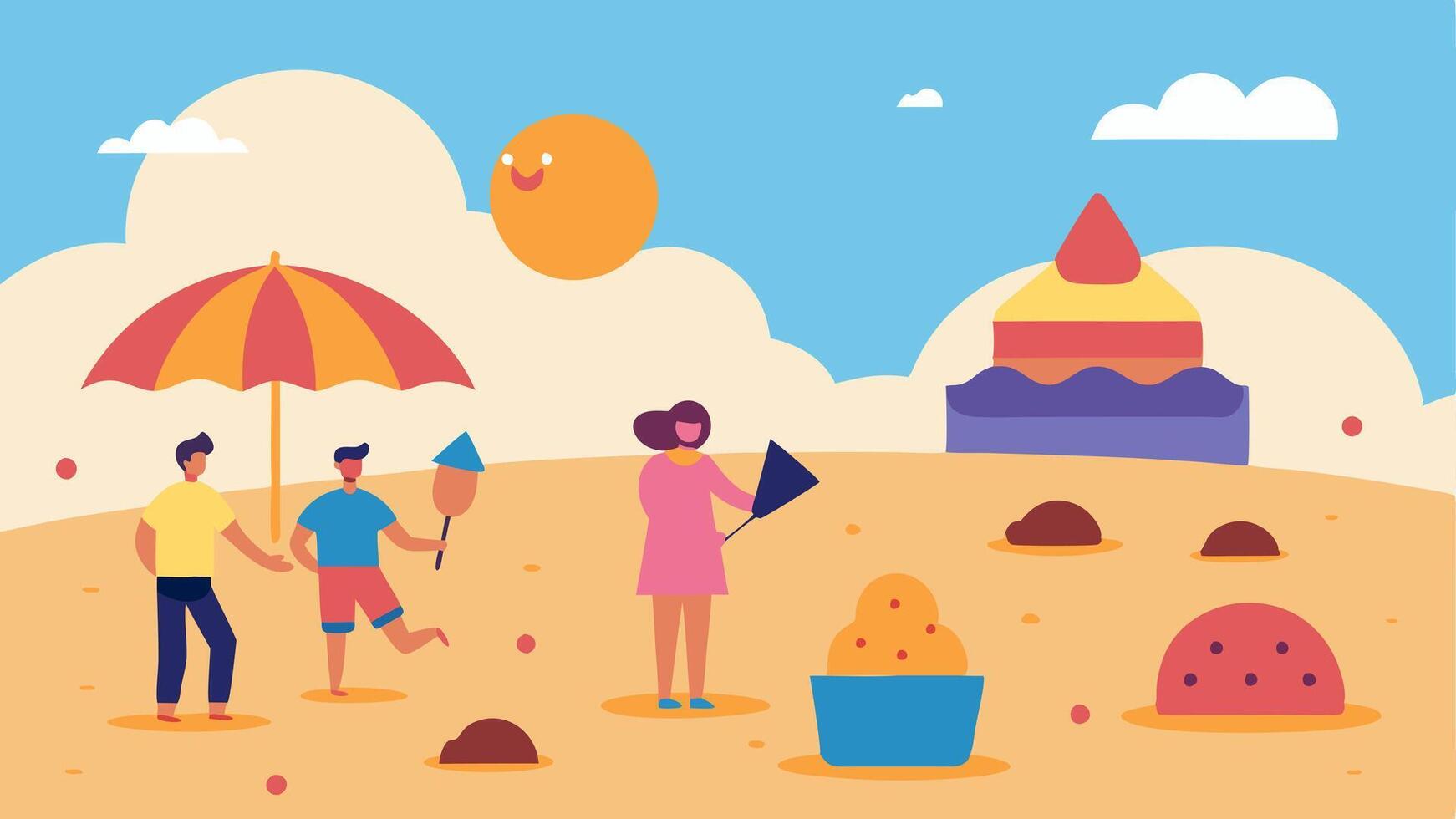 Ice Cream Sandcastles An engaging beach scene where families build imaginative sandcastles made of cookie crumbles and ice cream scoop towers. Vibrant kites shaped like various. vector
