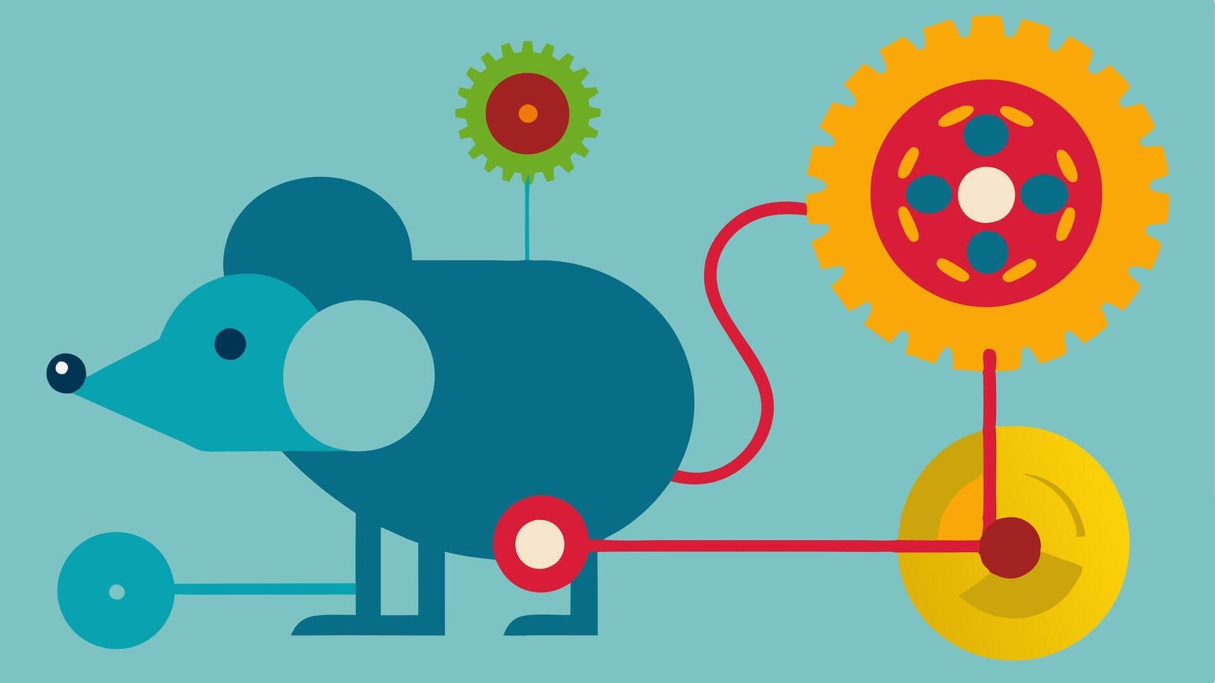 Overcomplicated Design Show an intricate birdseye view of the mouse with layers of wheels gears and pulleys in a chaotic arrangement. Use bright eyecatching colors to highlight. vector