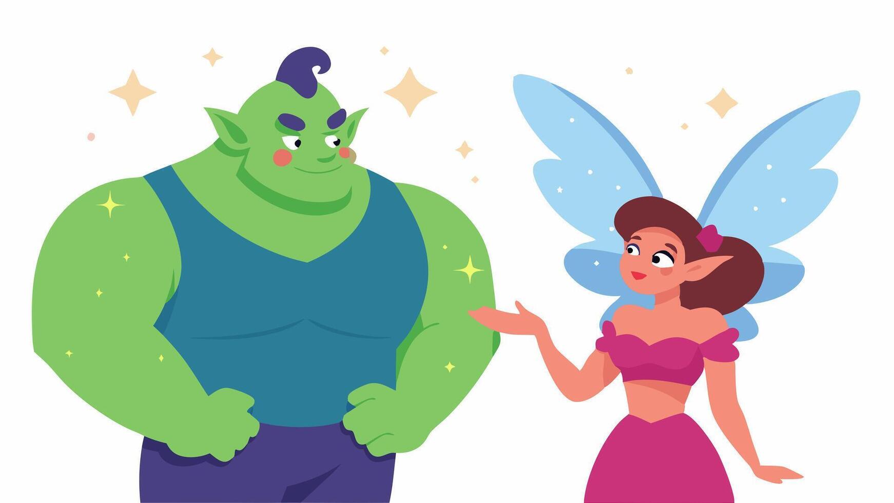 Fantasy Theme The boyfriend is a goofy ogre with oversized muscles turning to check out a gl fairy with oversized wings and sparkling sparkles. The girlfriend is a gy troll her. vector