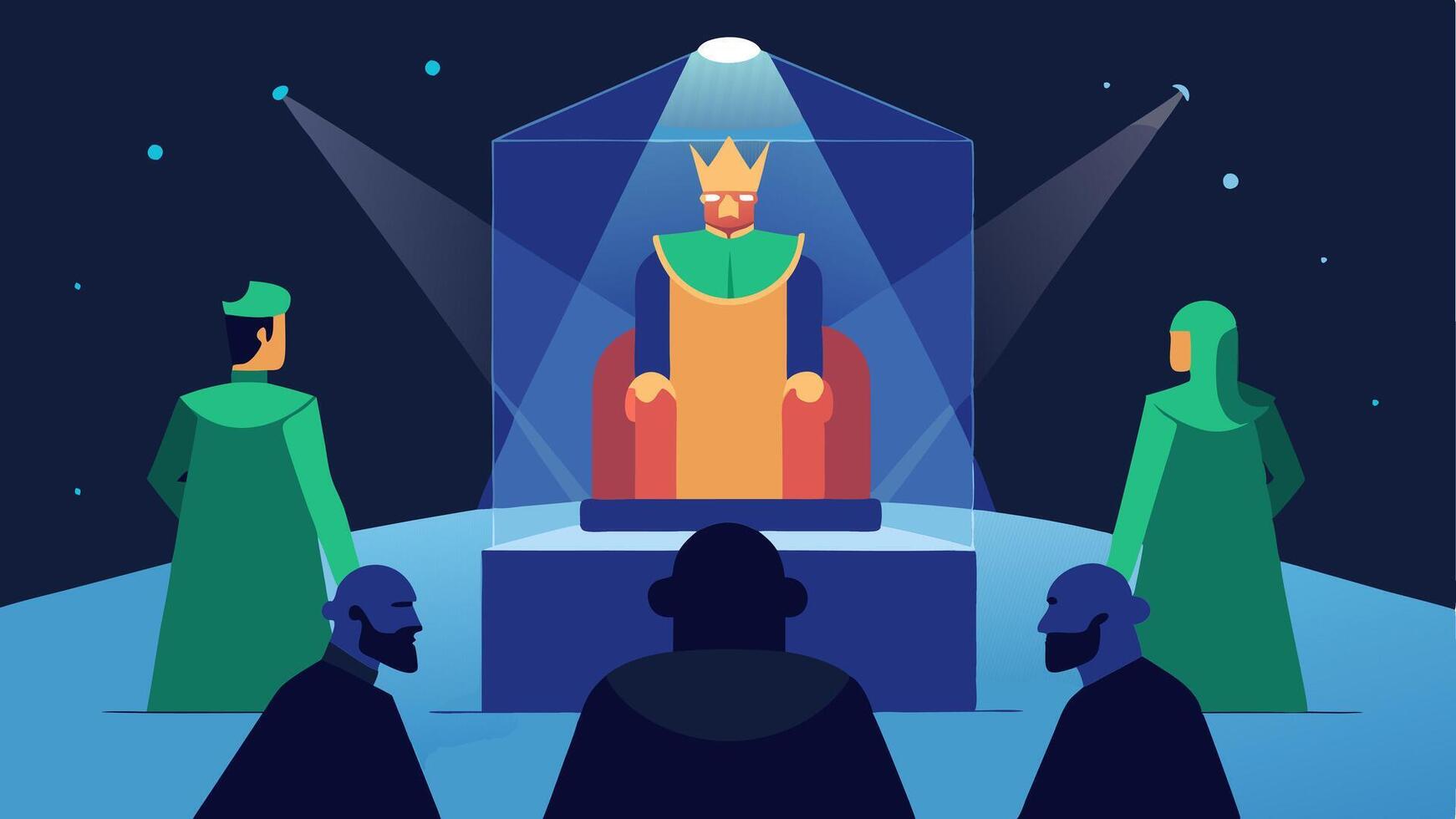 Holographic Throne An illustration of a royal exhibit featuring a holographic projection of the throne of a historical monarch with surrounding visitors engaging in discussions. vector