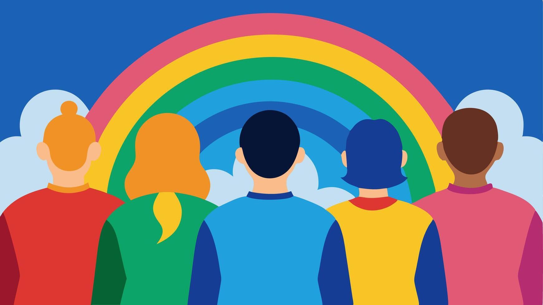 Unity in Diversity An of people from different backgrounds standing shoulder to shoulder surrounded by a rainbowcolored aura ing unity and hope.. vector
