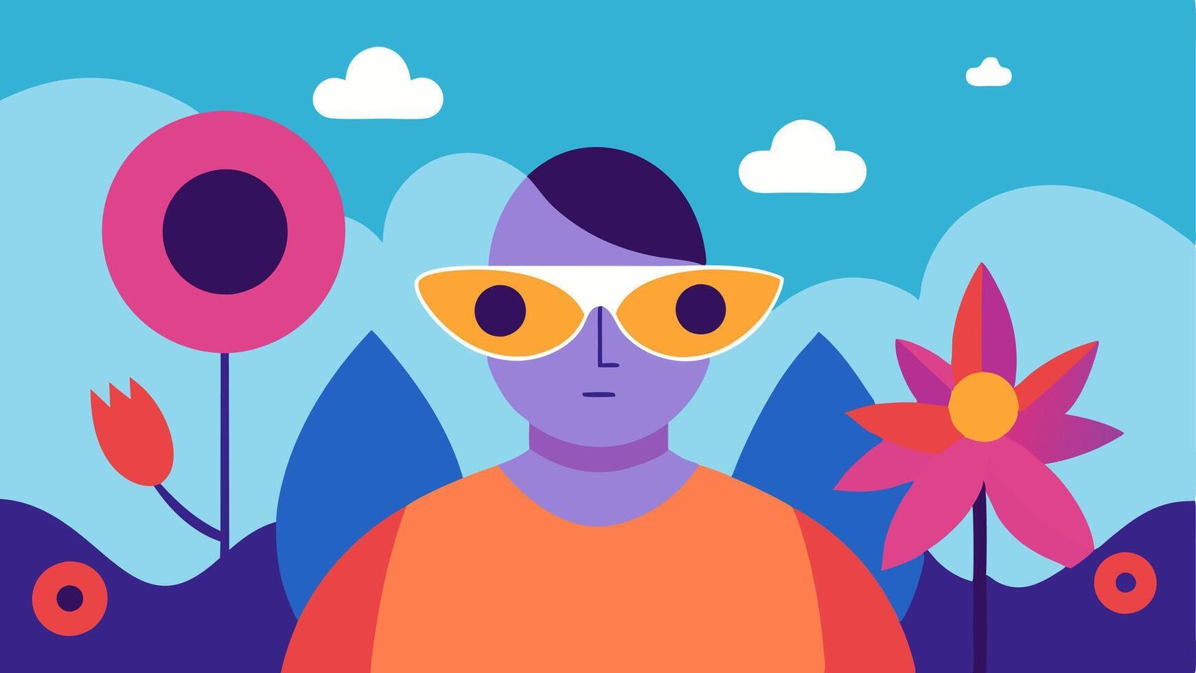Surreal World In a whimsical landscape filled with oversized flowers and whimsical creatures a figure is depicted wearing gigantic sunglasses that completely mask their facial. vector